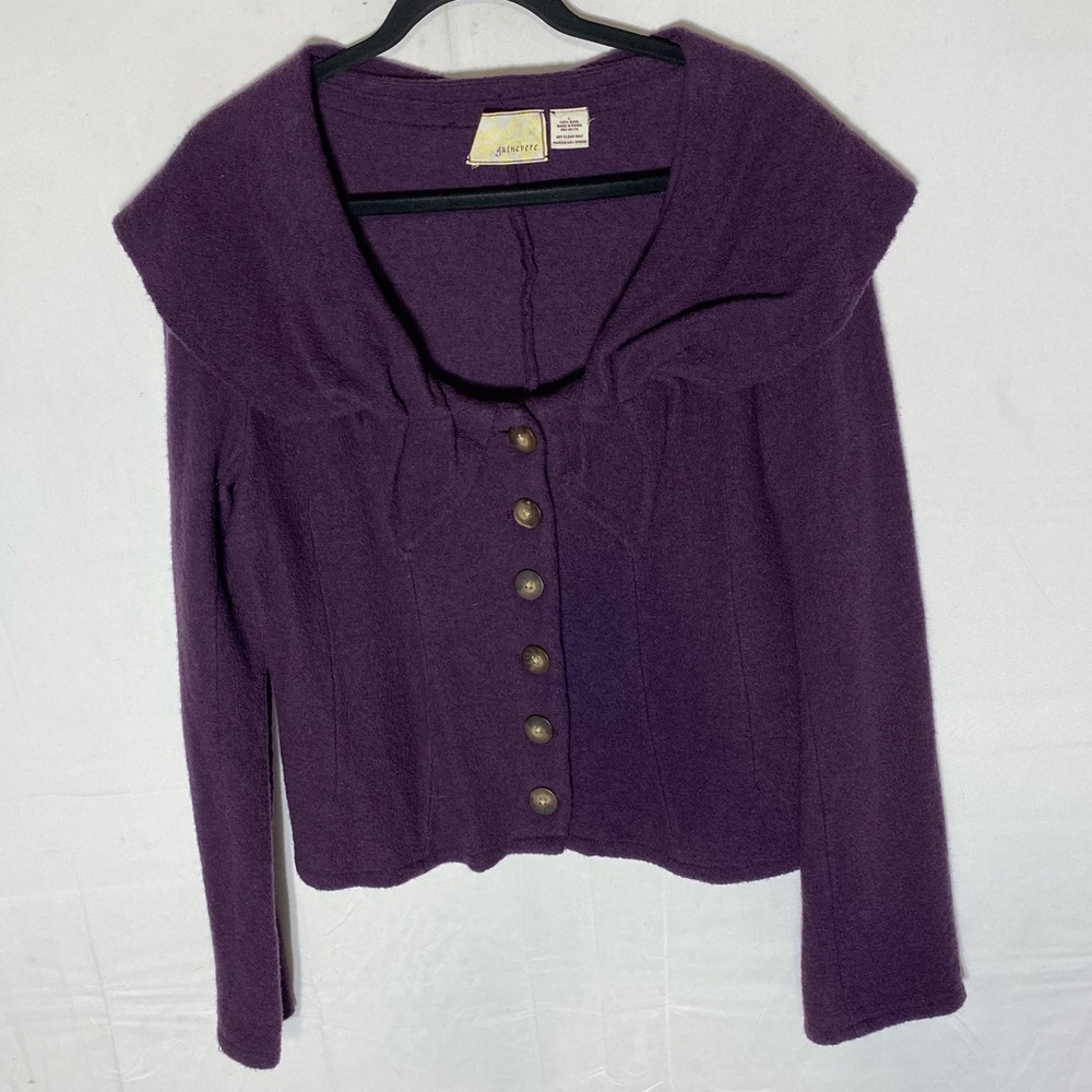 Anthropologie Guinevere Eggplant Purple Boiled Wool Cardigan L Cottagecore